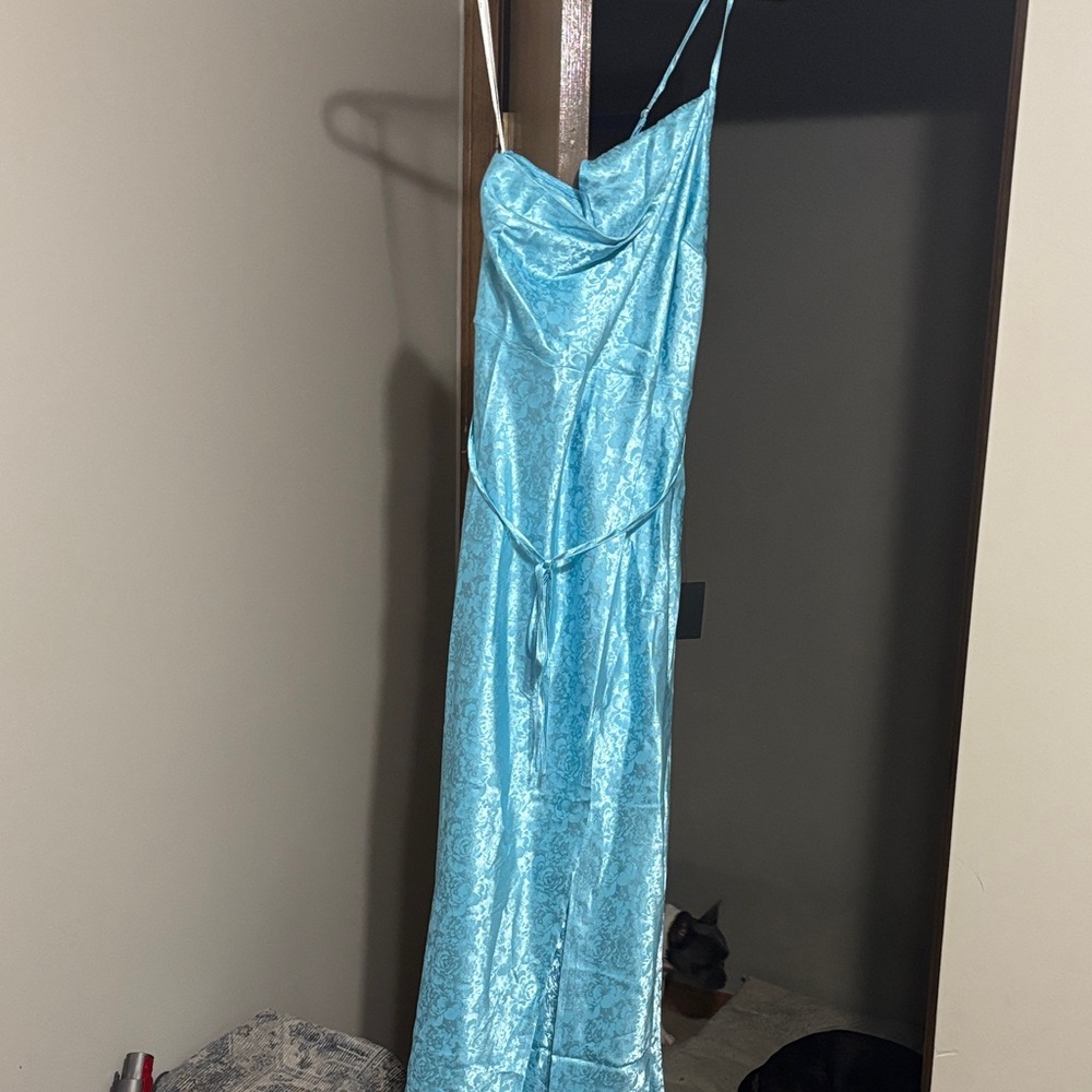 Lulu's Sky Blue Satin Backless Dress